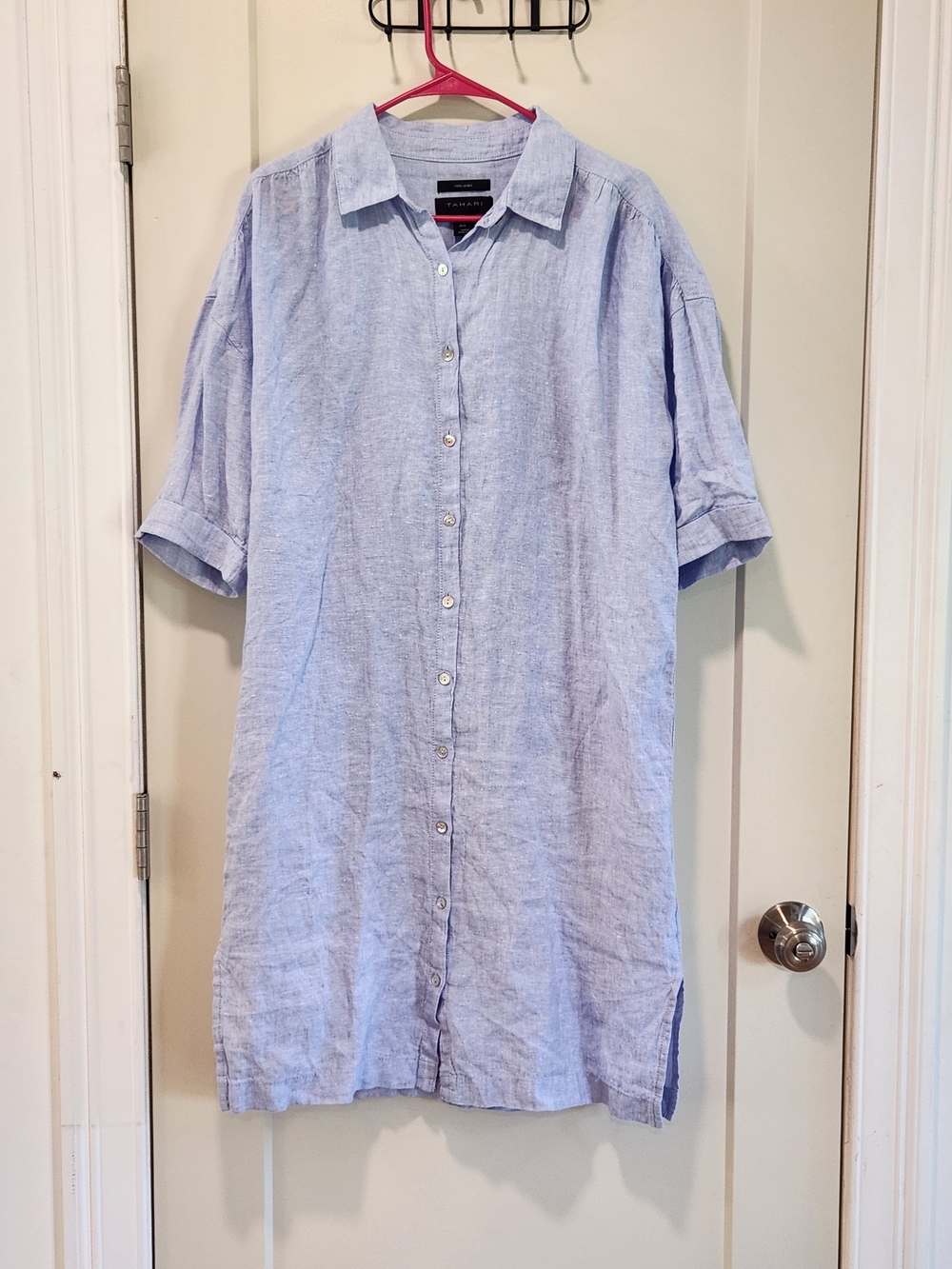 Tahari 100% Linen Dress Light Blue Short-Sleeve Button-Down Medium
